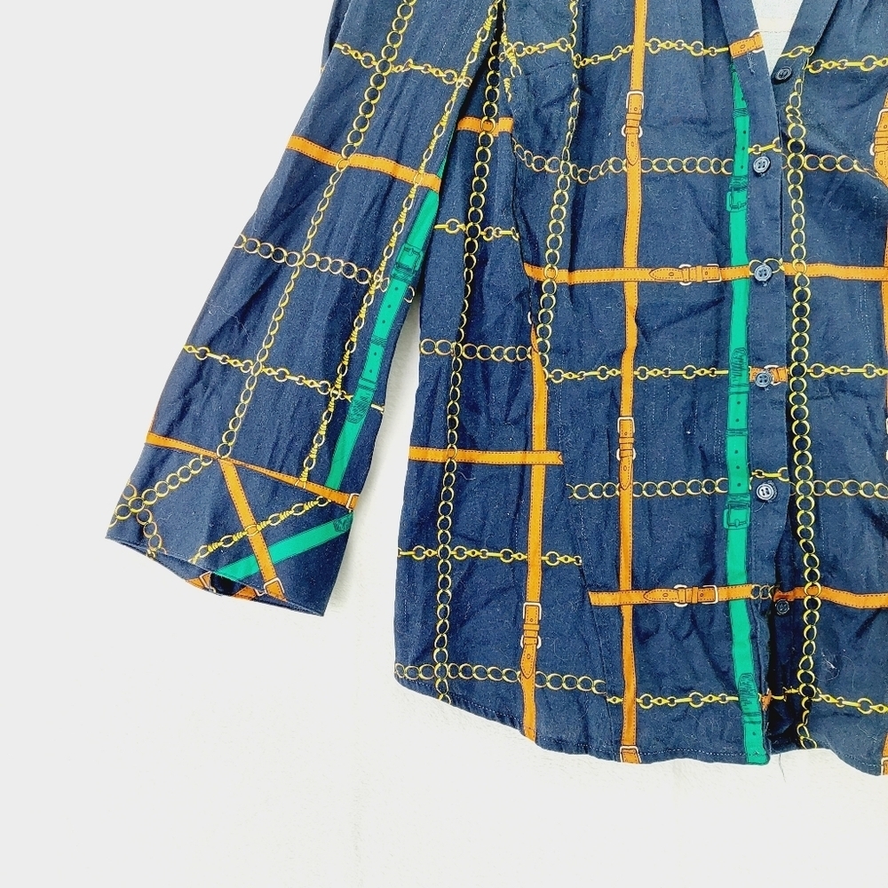 7th Avenue Design New York & Company Blue Chain Square Button Down Shirt P3039 - Picture 3 of 9